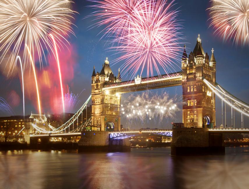 Tower Bridge with fireworks, in London